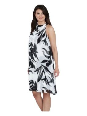 VINCE CAMUTO Black & White Floral Dress w/Sheer Sheath Overlay, Size 10.